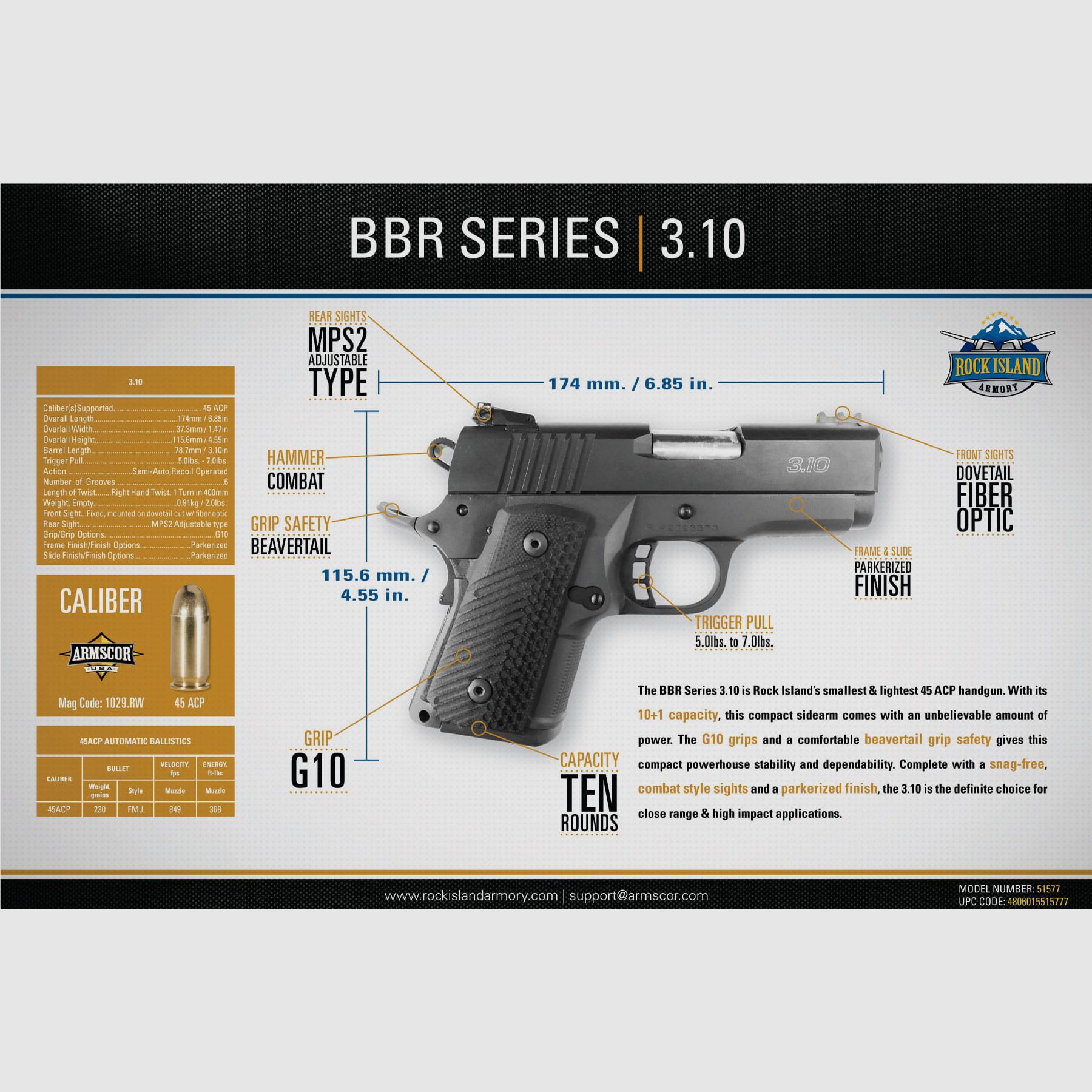 RIA M1911-A2 SubCompact BBR pistol cal. .45 ACP, image 2 of 2