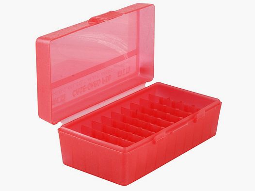 MTM pudełko na naboje P50-44-29 czerwone przezroczyste z klapką na 50 nabojów .44 Mag./.357 i inne.