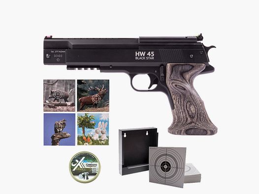 Pistola de aire Weihrauch HW 45 Black Star cal. 4,5 mm conjunto de dianas