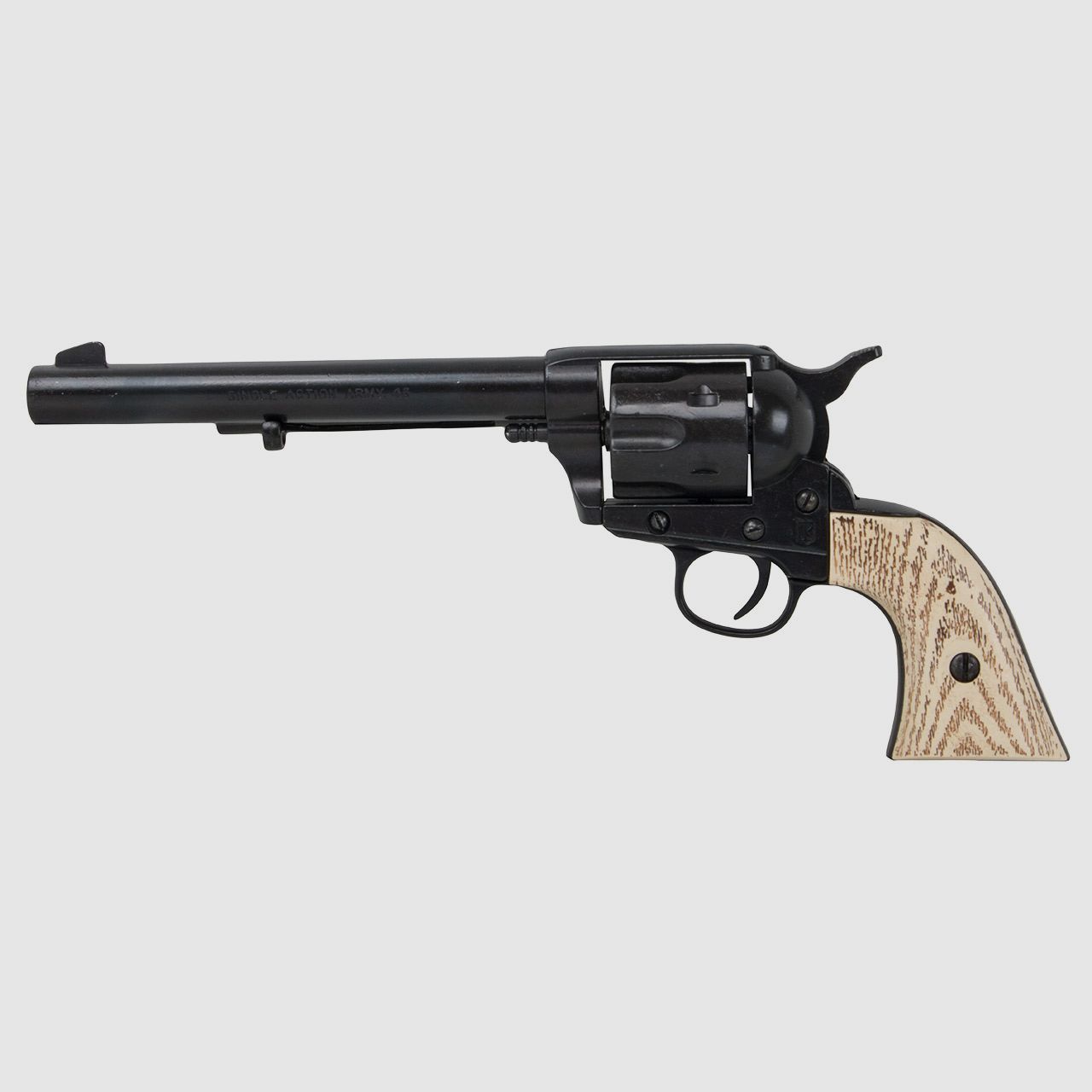 Deko Revolver US Kavallerierevolver Kolser Colt SAA .45 Peacemaker USA 1873 6,8 Zoll schwarz weiĂźe Kunststoffgriffaschalen