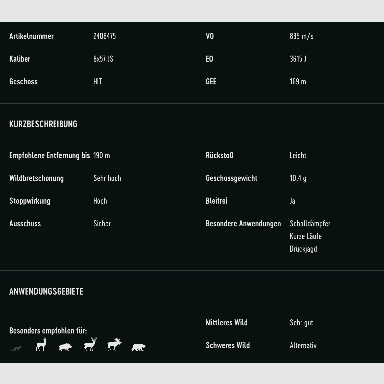 RWS 2408475 Büchsenpatronen 8x57 IS HIT Short Rifle 10,4 g160grs. Bleifrei