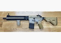 Heckler & Koch MR223 A3 Slim-Line 12,9" canna - fucile semi-automatico .223Rem colore sabbia / Ral8000 - sistema HK416 / Geissele MK15 HK416 guardia della canna / filettatura della bocca ora 1/2-28 UNEF / solo 3,28 kg / canna tornita e accorciata / "Project Hunter"