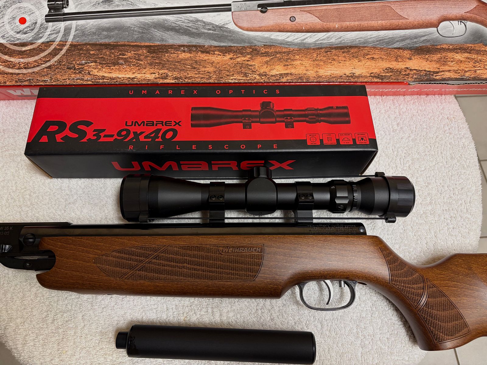 Fucile ad aria compressa: Weihrauch KW 35 K con silenziatore e telescopio Umarex RS 3-9x40, nuovo e mai usato,