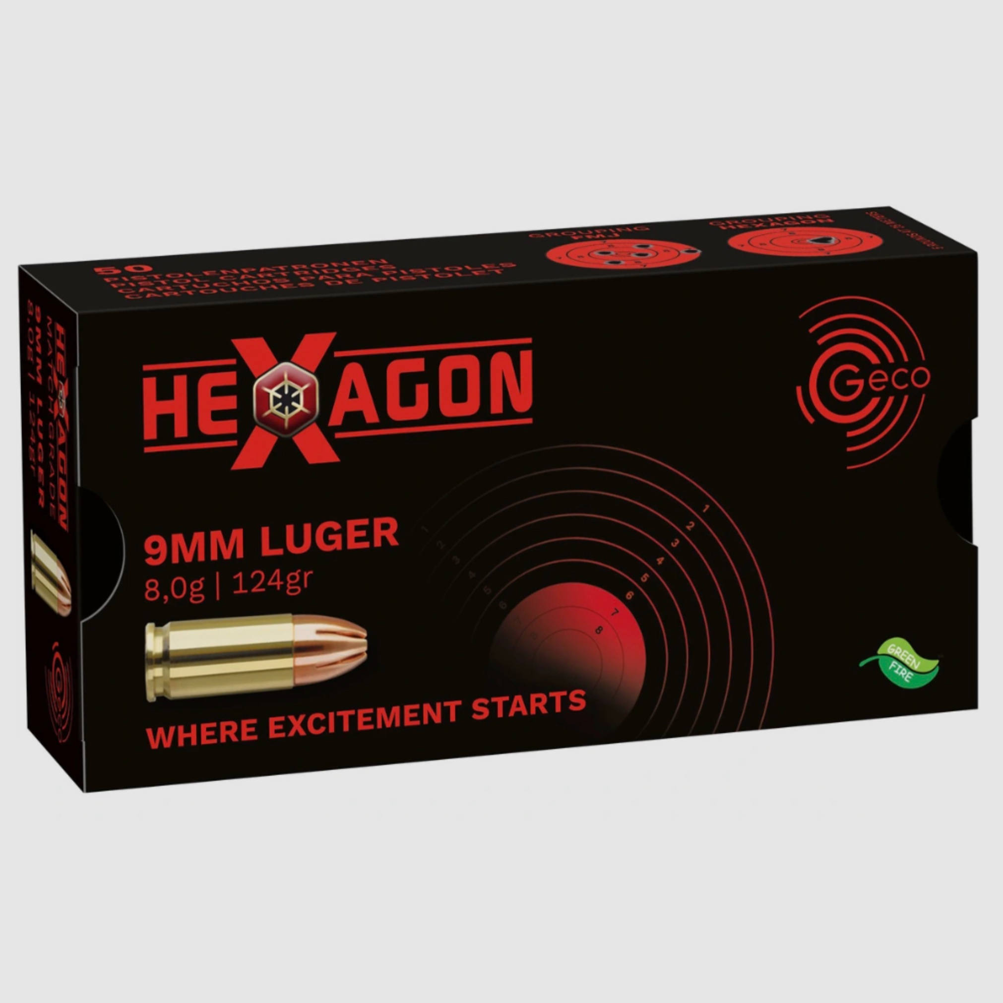GECO 2318840 9 mm Hexagone 8 g 124 gr Munitions de pistolet sans plomb