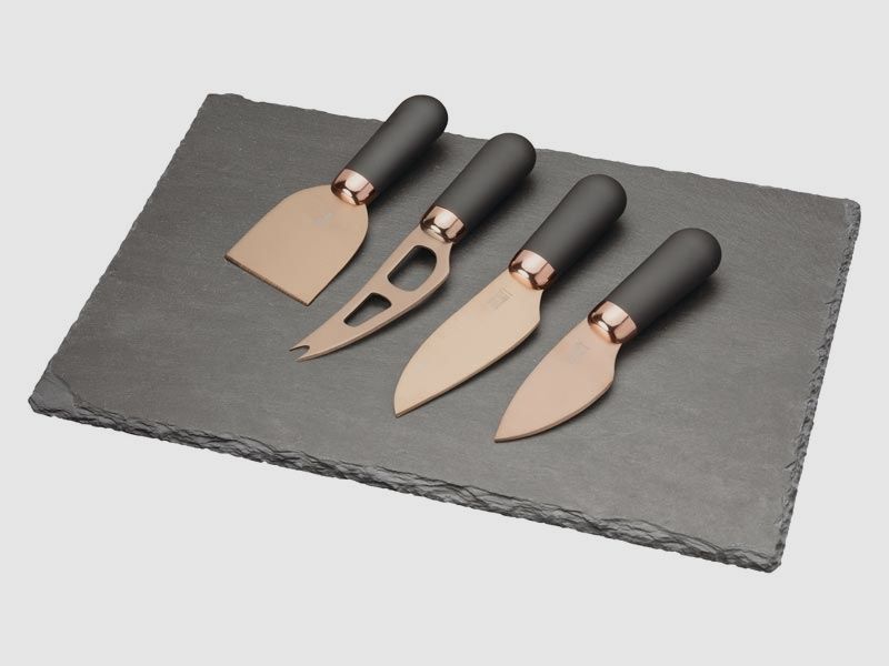 Taylor's Eye Witness cheese knife set, 4 stainless steel knives, titanium coating, soft-grip handles, slate board