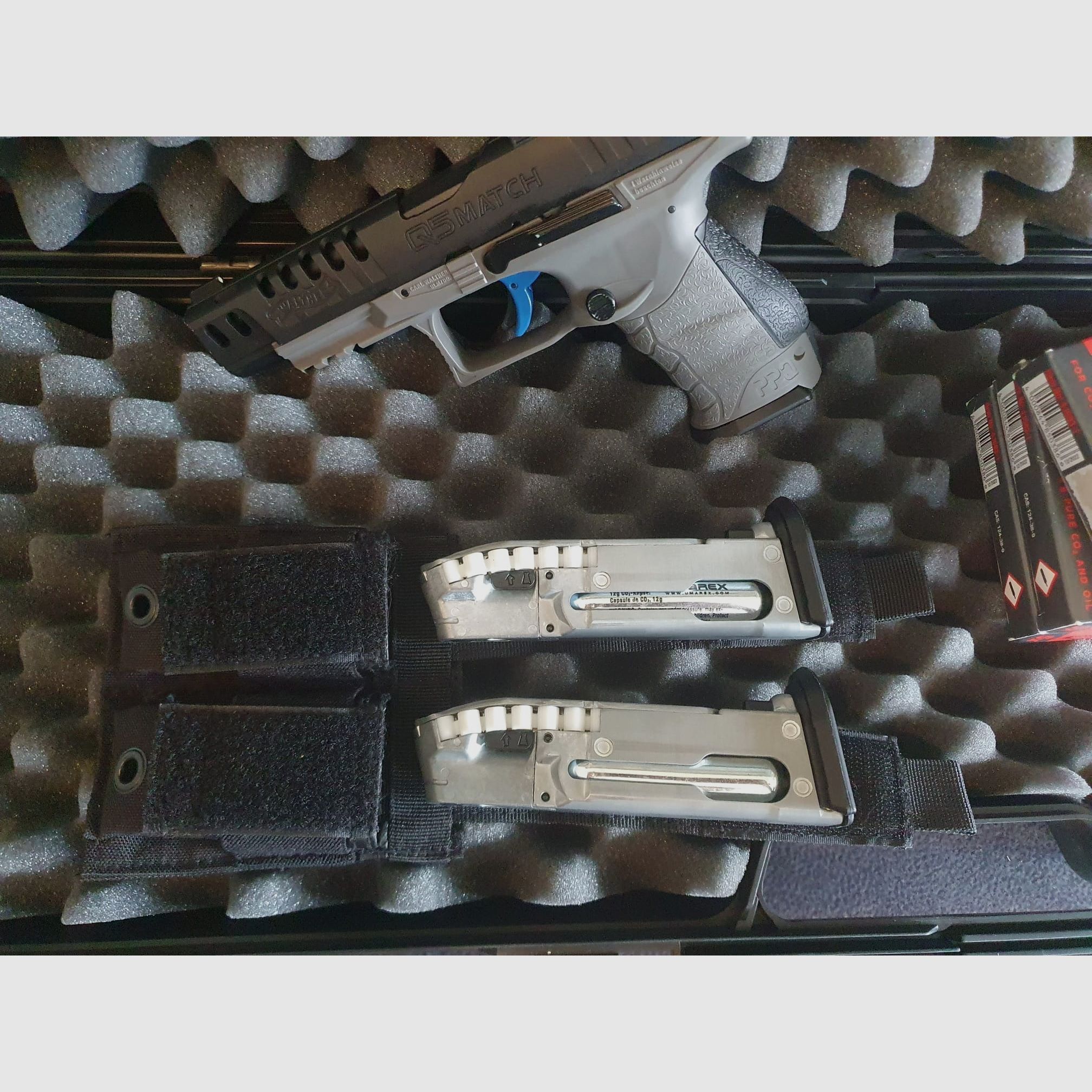 Walther Match Compo 5 CO₂-Pistole – wie neu + 30 Gaspatronen, 1500 Schuss, 3 Magazine+Halterungstasche