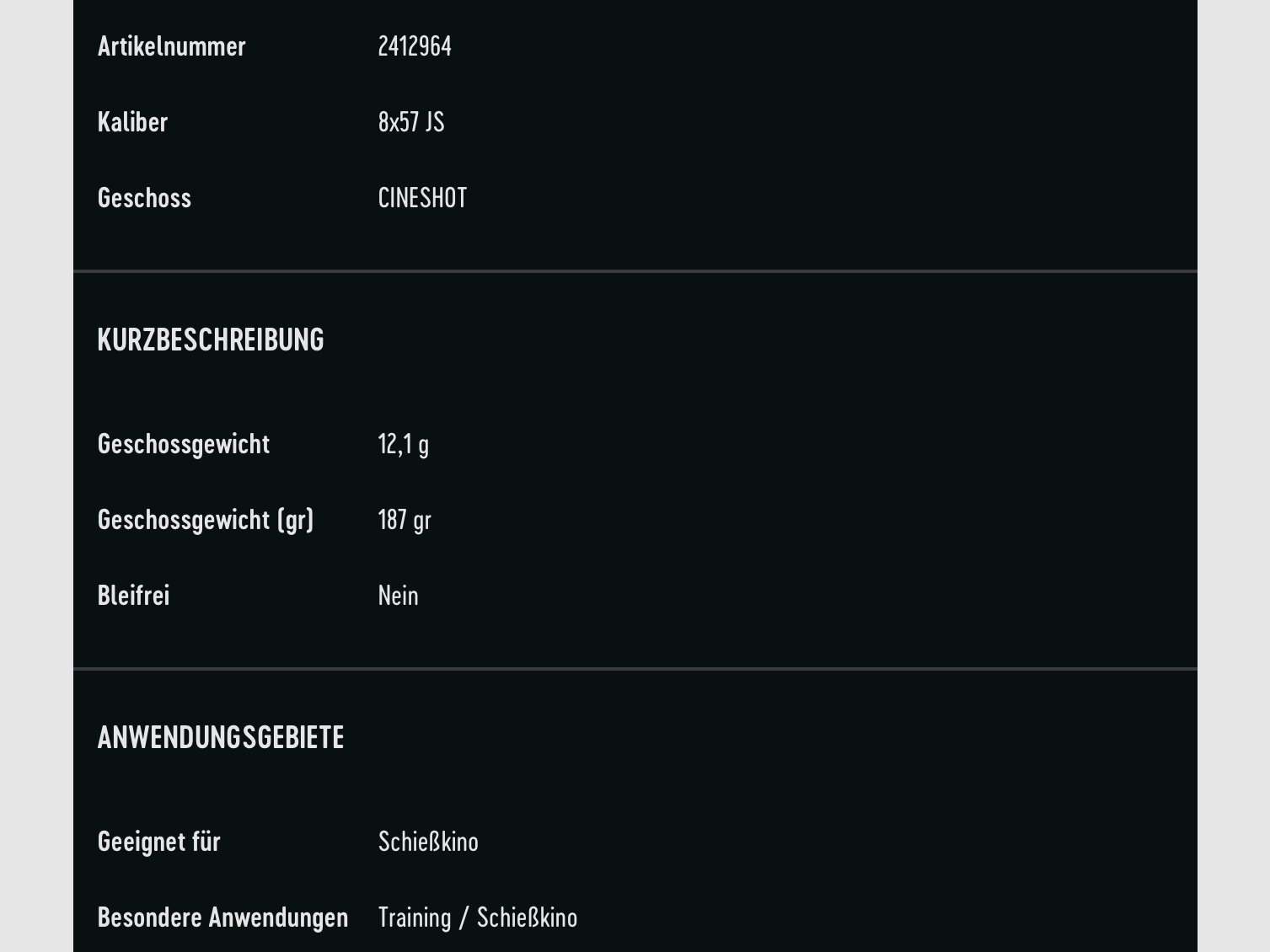 RWS 8x57 IS Cineshot 12.1g 187grs. Long gun ammunition 30 pieces