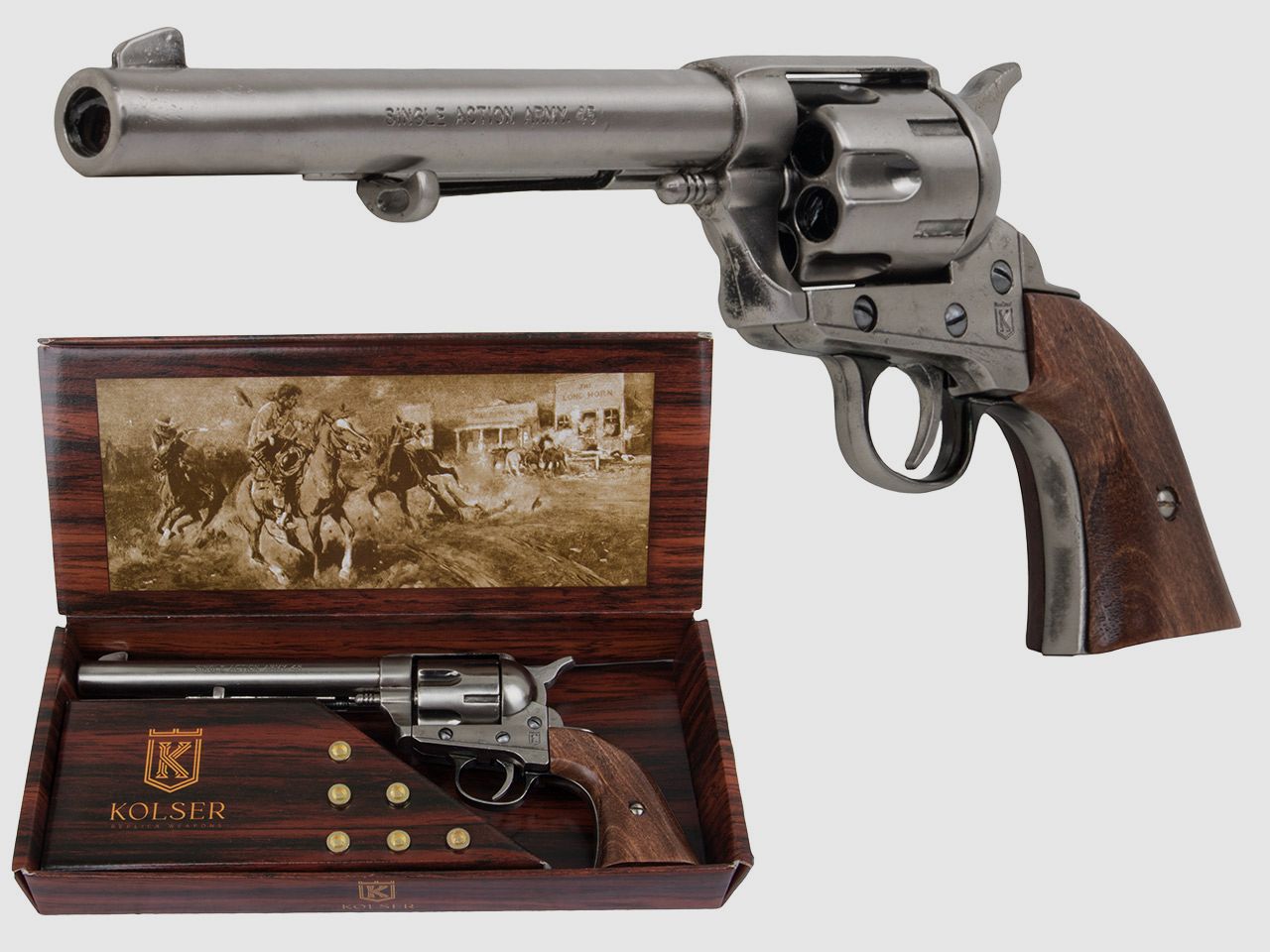 Deko Revolver US Kavallerierevolver Kolser Colt SAA .45 Peacemaker USA 1873 6,8 Zoll nickel poliert Holzgriffschalen