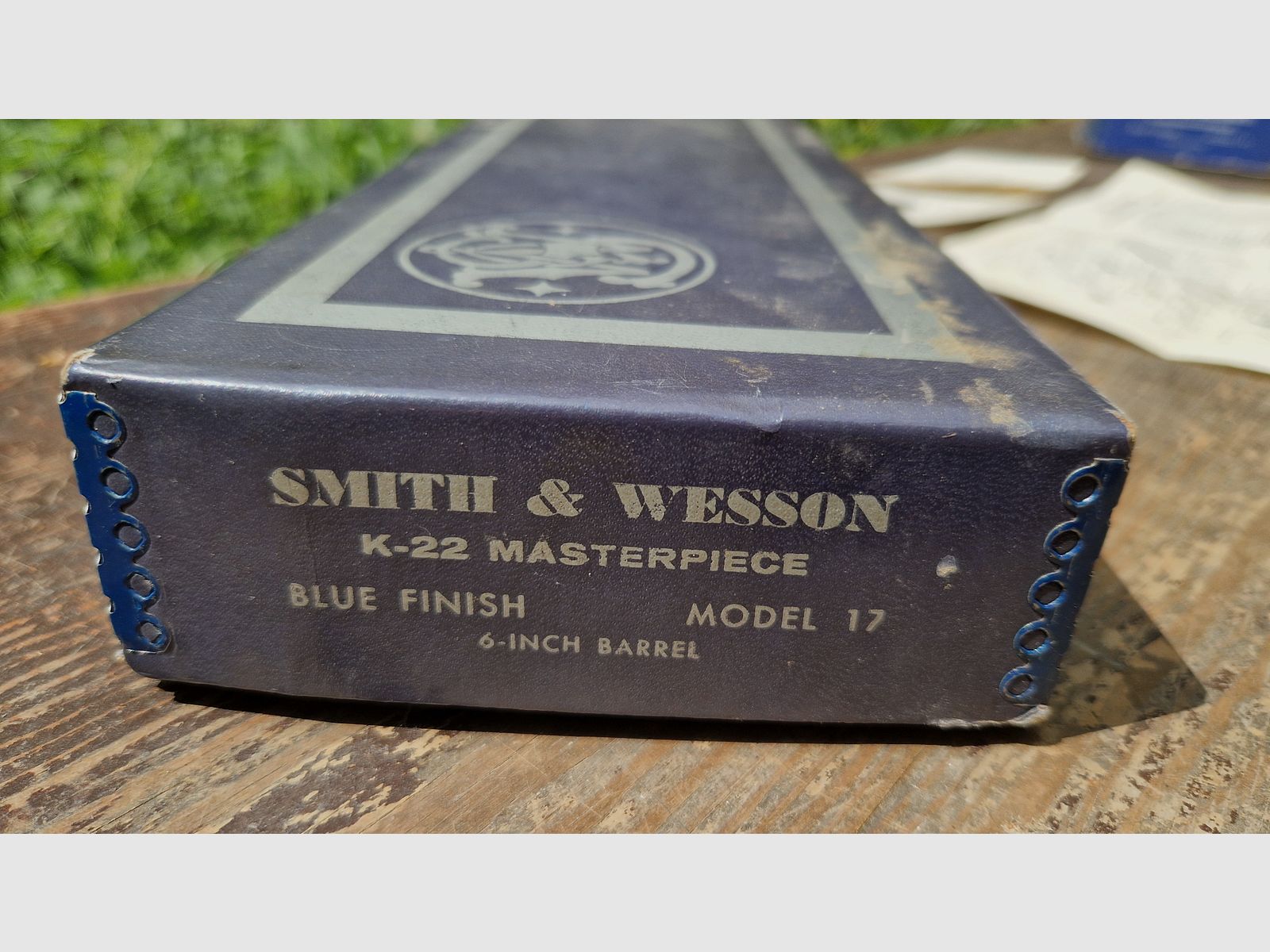 1955 VTG SMITH & WESSON MOD 14 MOD 17 ALTER KARTON SCHACHTEL MIT EXPLOSIONSZEICHNUNG UND ZUBEHÖR