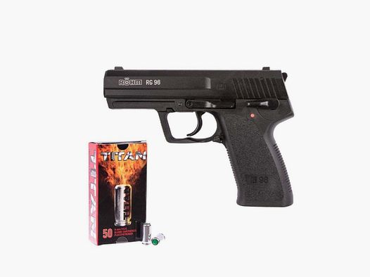 Pistola de fogueo Röhm RG 96 en acabado azulado incluye 50 cartuchos de fogueo