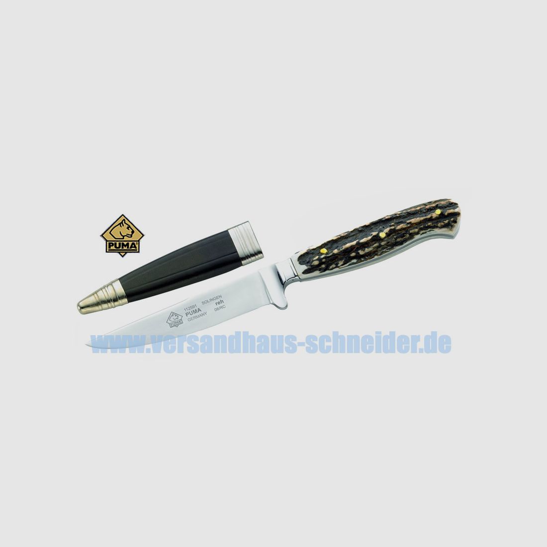 Puma Jagdmesser, Modell Reh, Stahl 1.4034, Hirschhornschalen, Lederscheide (P18)