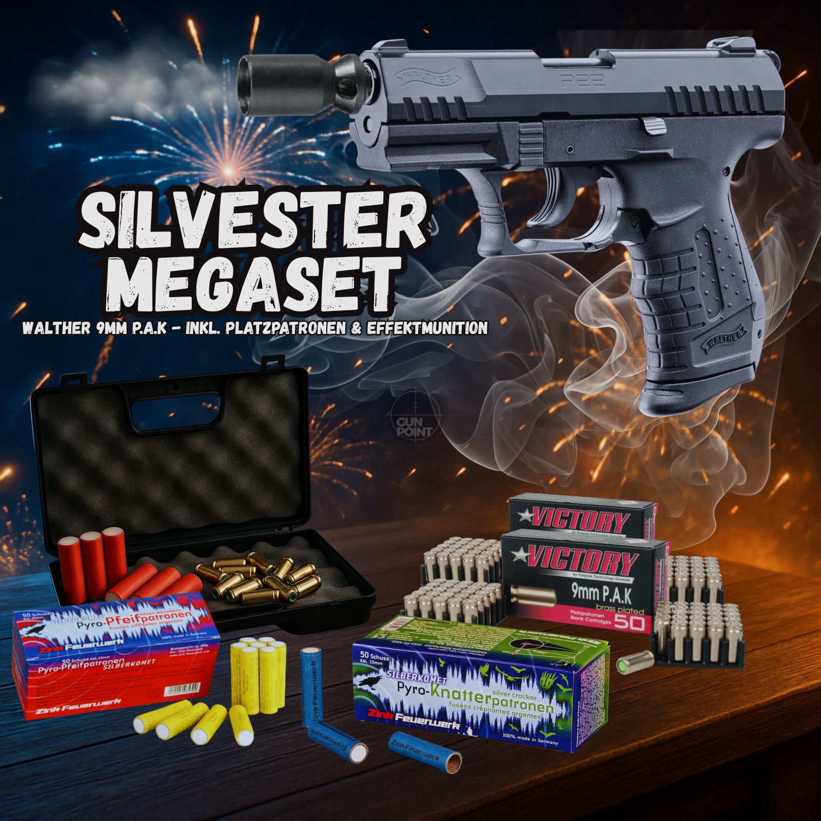 SILVESTER MEGASET !!! Blank firing pistol - Walther P22 - 9 mm P.A.K. including case, 100 blank cartridges & 100 shots of effect ammunition