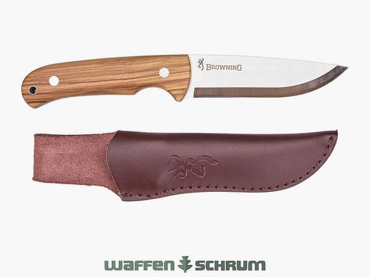 Browning Jagdmesser Korvar Fixed Klingenlänge 7,5cm / Griffschalen aus Olivenholz / mit Lederscheide