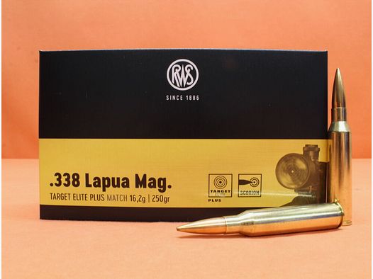 RWS Cartucho .338LapuaMag RWS 250grs HPBT (2411680) VE 20 cartuchos (Target Elite Plus)/ 16,2g punta hueca de competición