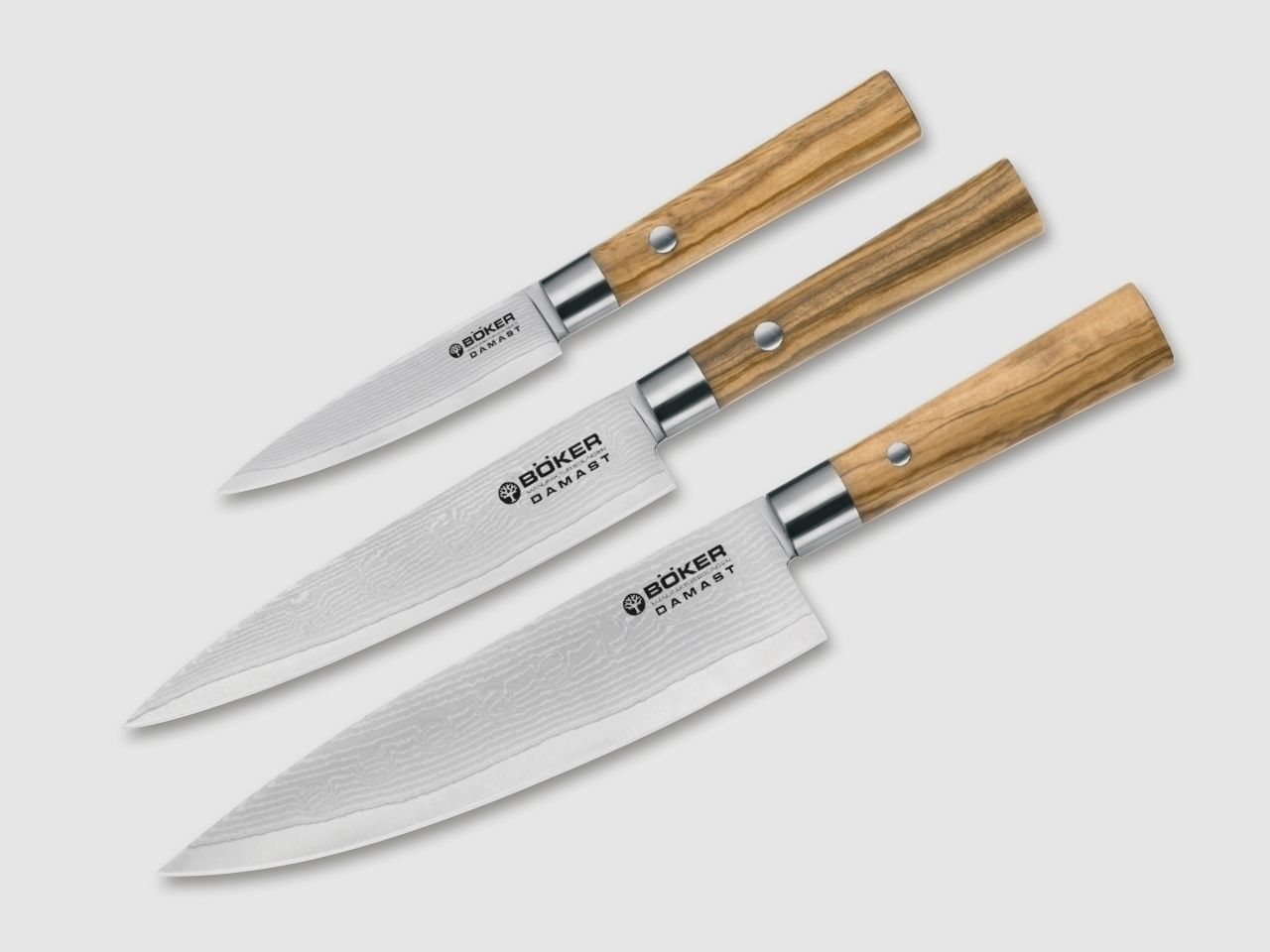 BKER Manufaktur Solingen 3 Kochmesser Damast Olive Messer-Set