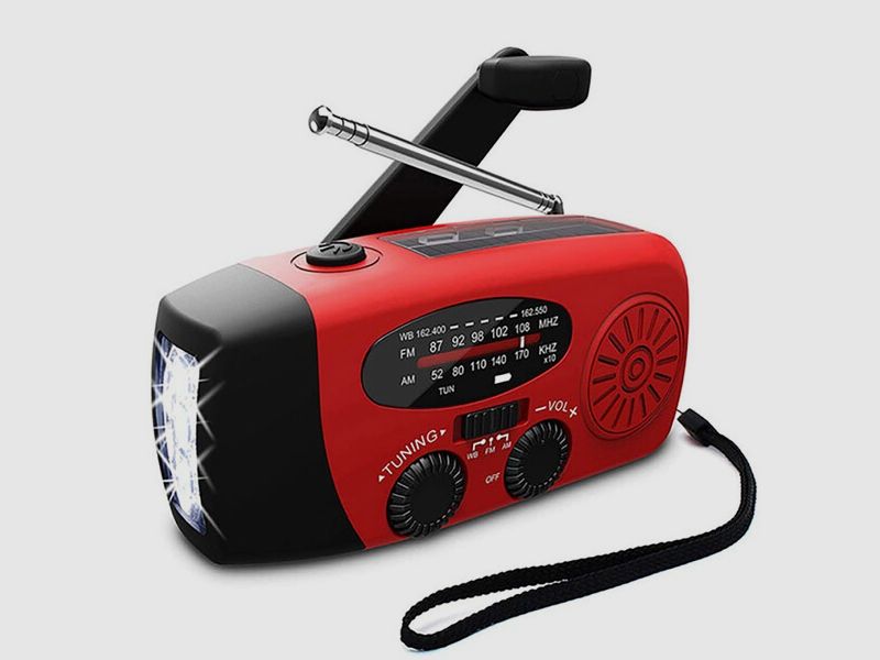 Kurbelradio FM/AM mit Powerbank und Solaraufladung - Notfallradio + Lampe + USB-Kabel