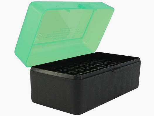 Boîte à cartouches MTM RMLD-50-16T verte/noire avec couvercle rabattable pour 50 cartouches .45-70 et autres.