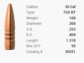 Proiettile Barnes .30/.308 168GR TSX BT 50 pezzi