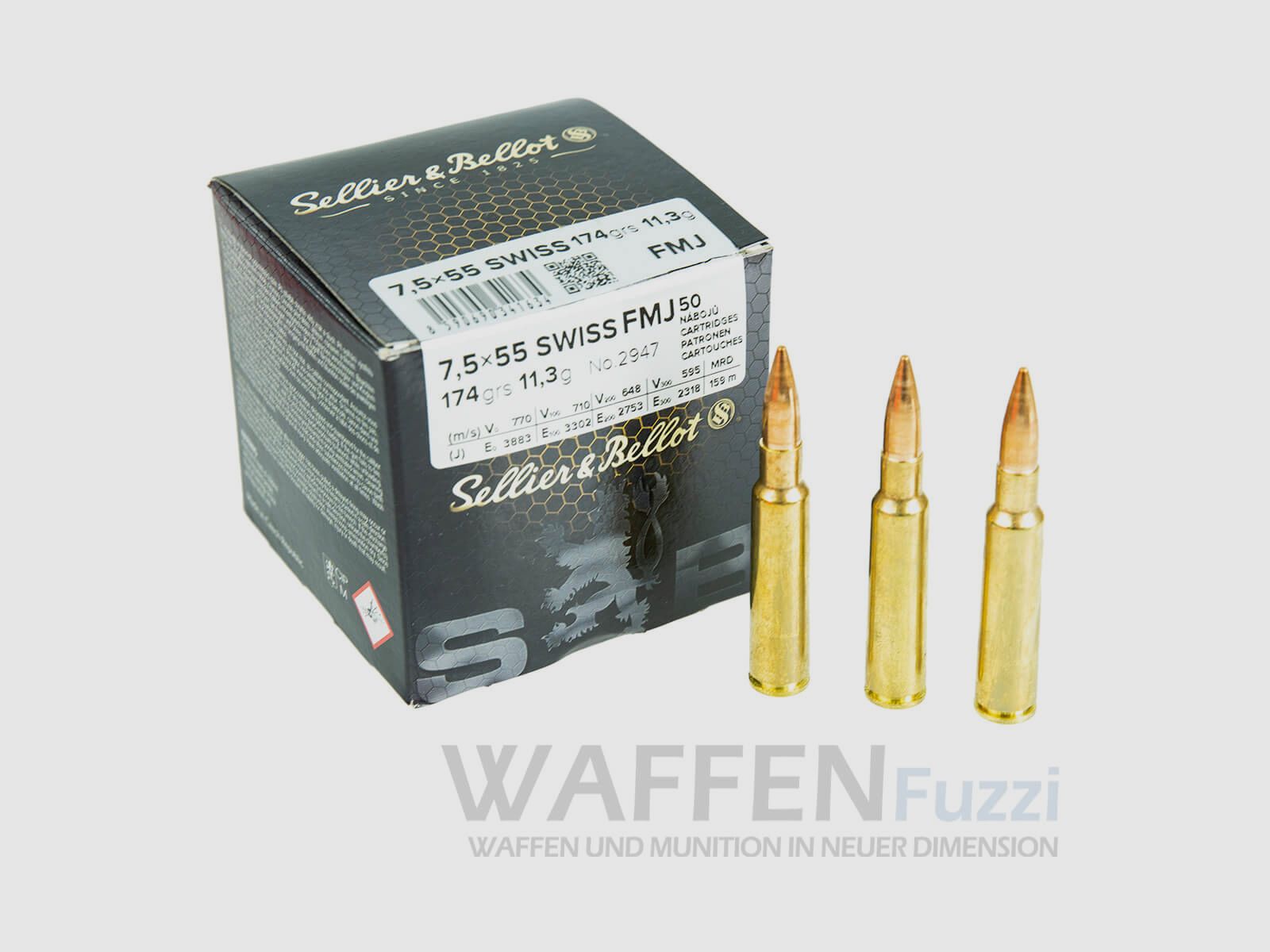 S&B 7,5x55 Suisse 174grs Full Metal Jacket 50 Cartouches