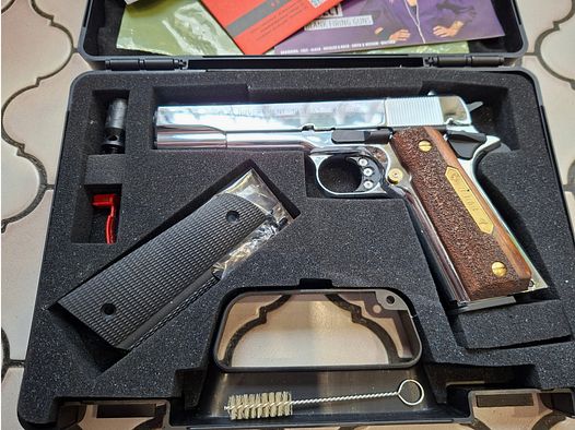 Colt 1911 Chrom, neu, unbeschossen, lange Federführung, Sammlerstück.