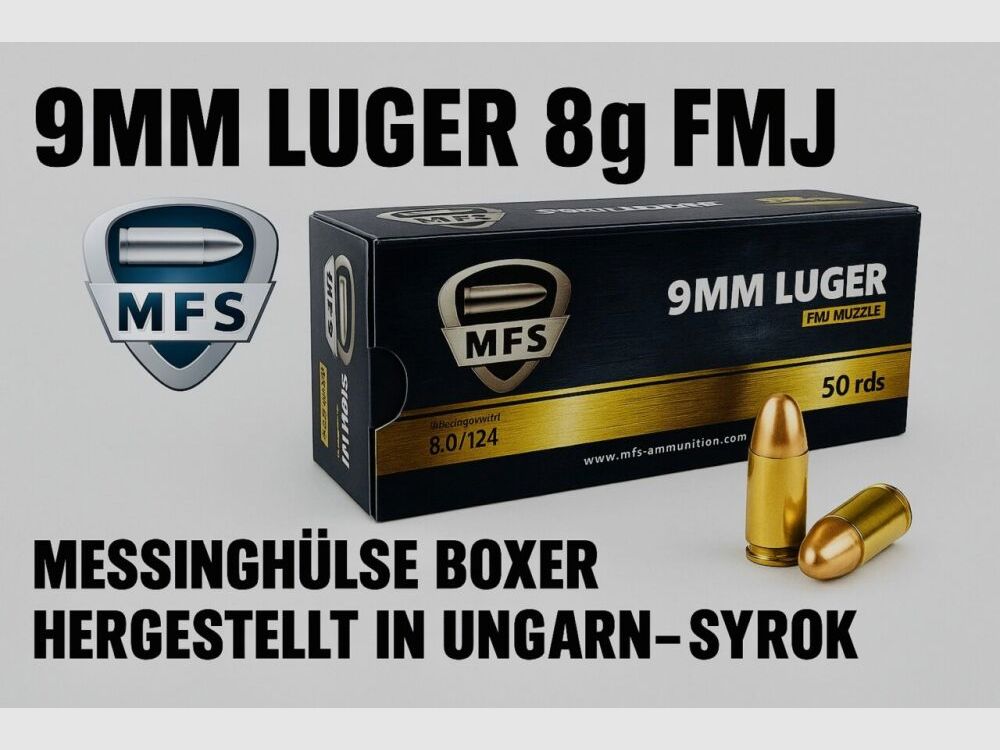 MFS Munition 9mm Luger, FMJ, VPE: 50, 8,0g/124grs. - 1000 Schuss sofort verfügbar +50€ ADR Versand