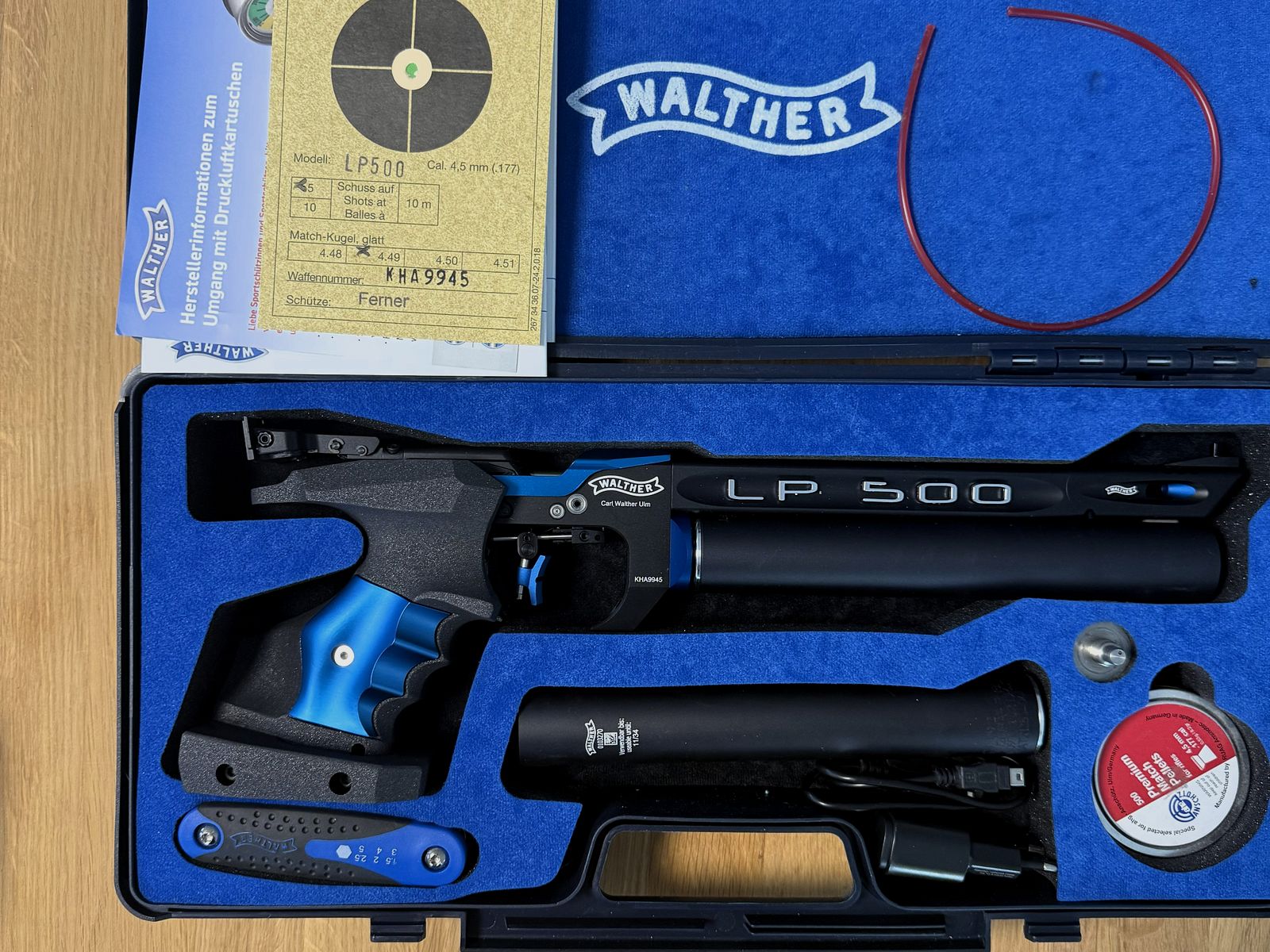 Walther LP 500 Meistermanufaktur mit el. Abzug, blau, 5D Griff M/L mit viel Zubehör
