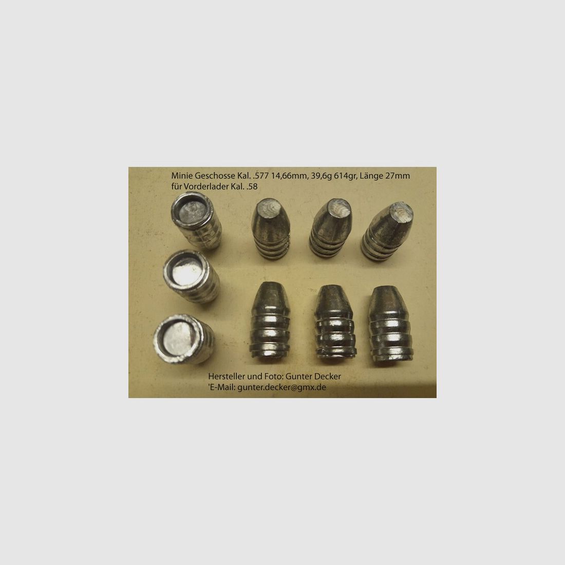 Minie Geschosse Kaliber .577 14,66mm 39,6g 614gr Länge 27mm für Vorderlader Gewehre Kal. .58