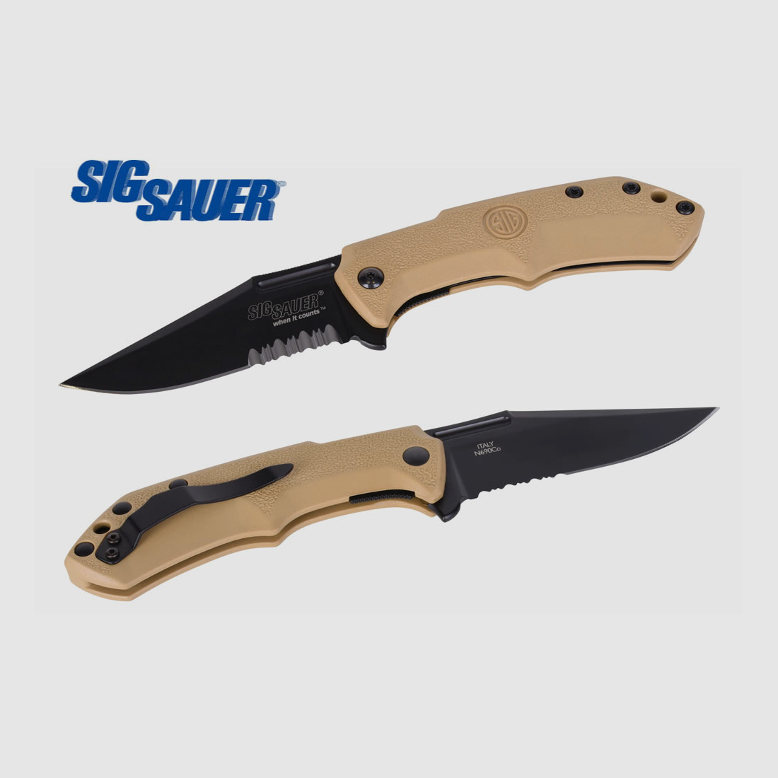 Taschenmesser Sig Sauer M1 TAN, Tactical Folding Knife, Clippoint-Klinge 90 mm, GĂĽrtelclip
