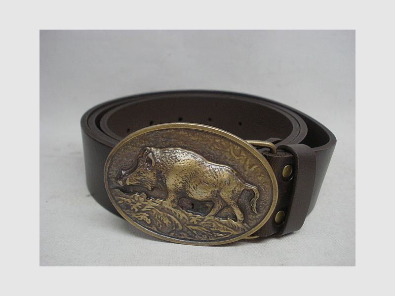 Ledergürtel mit Schnalle - Motiv Keiler, braun