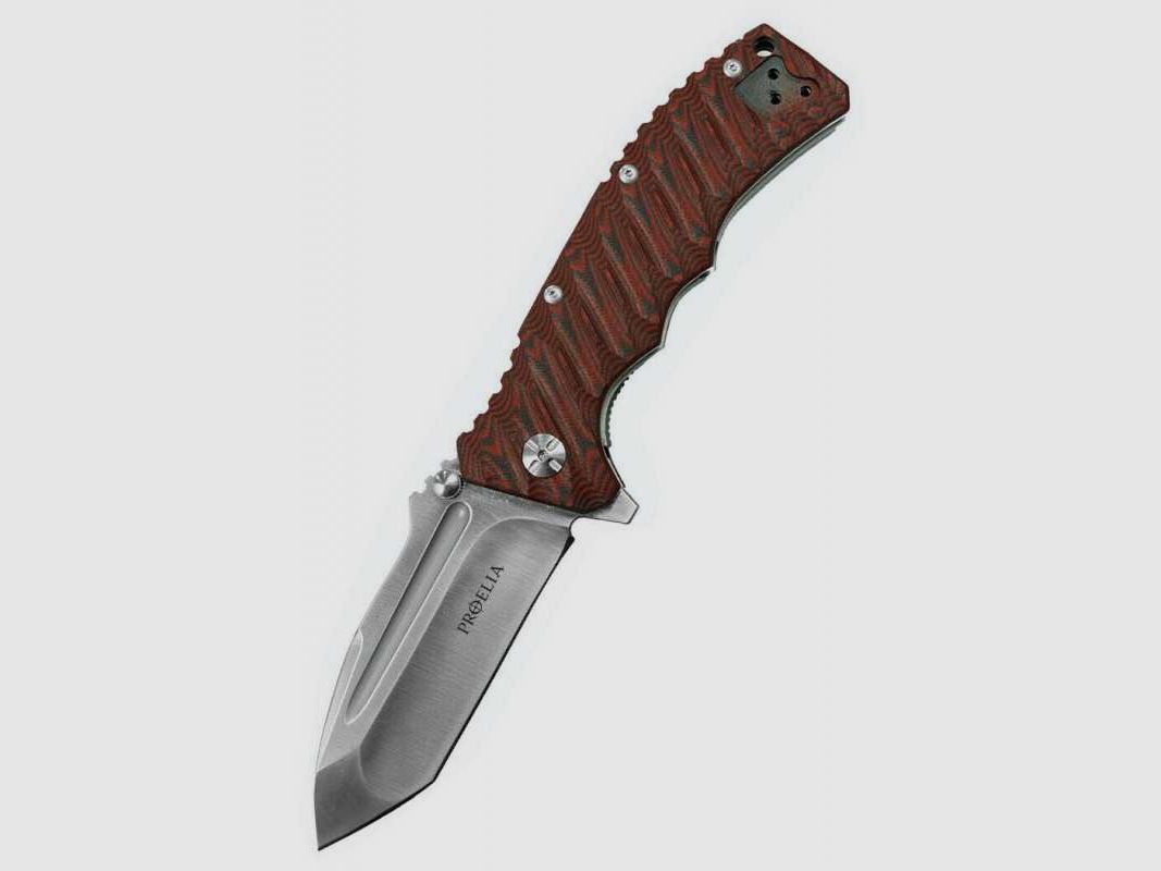Defcon Proelia Tanto Taschenmesser, satinierte Klinge, rot-schwarzer Griff