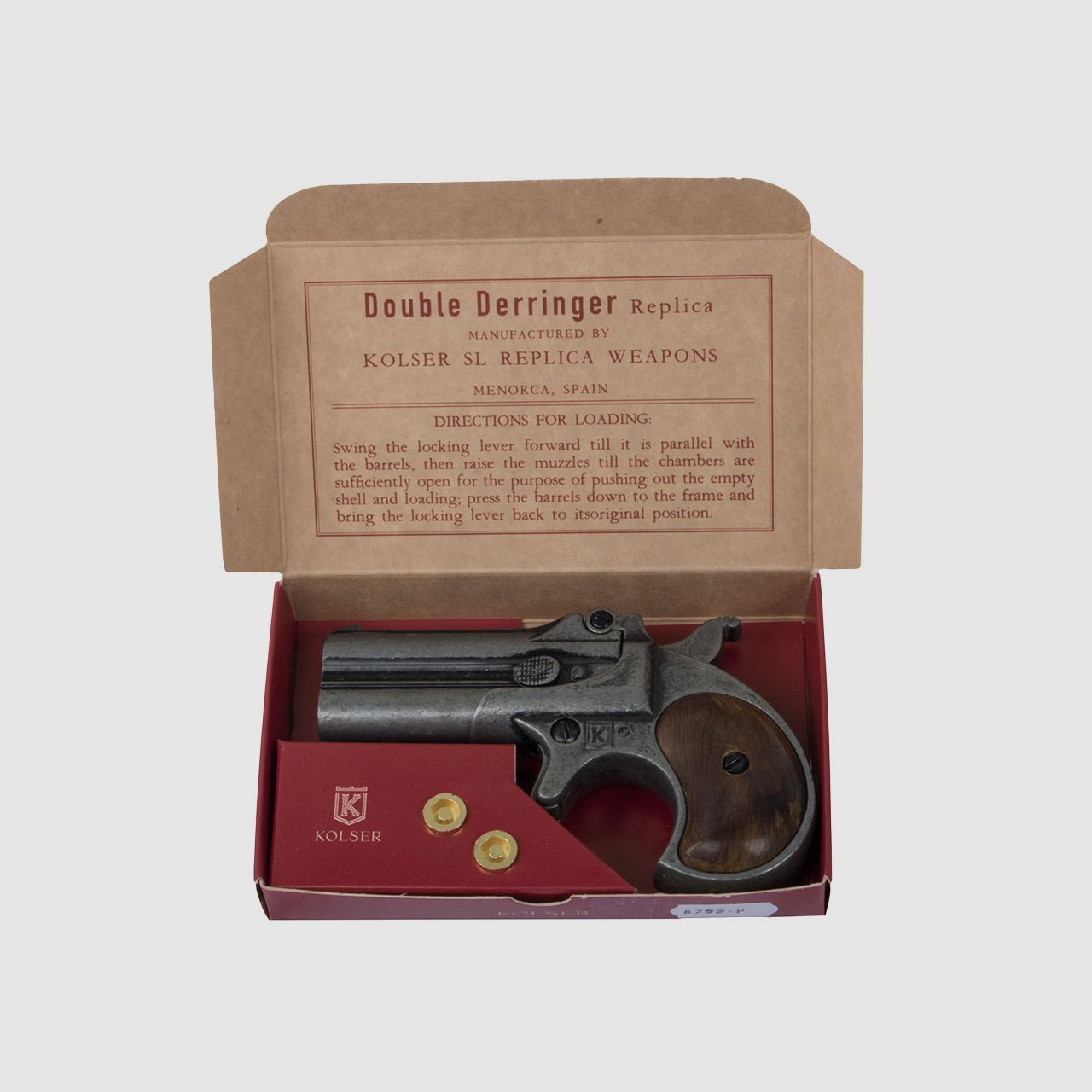 Deko Pistole Kolser Derringer 95 USA 1866 Kaliber .41 altgrau Griffschalen in Holzoptik