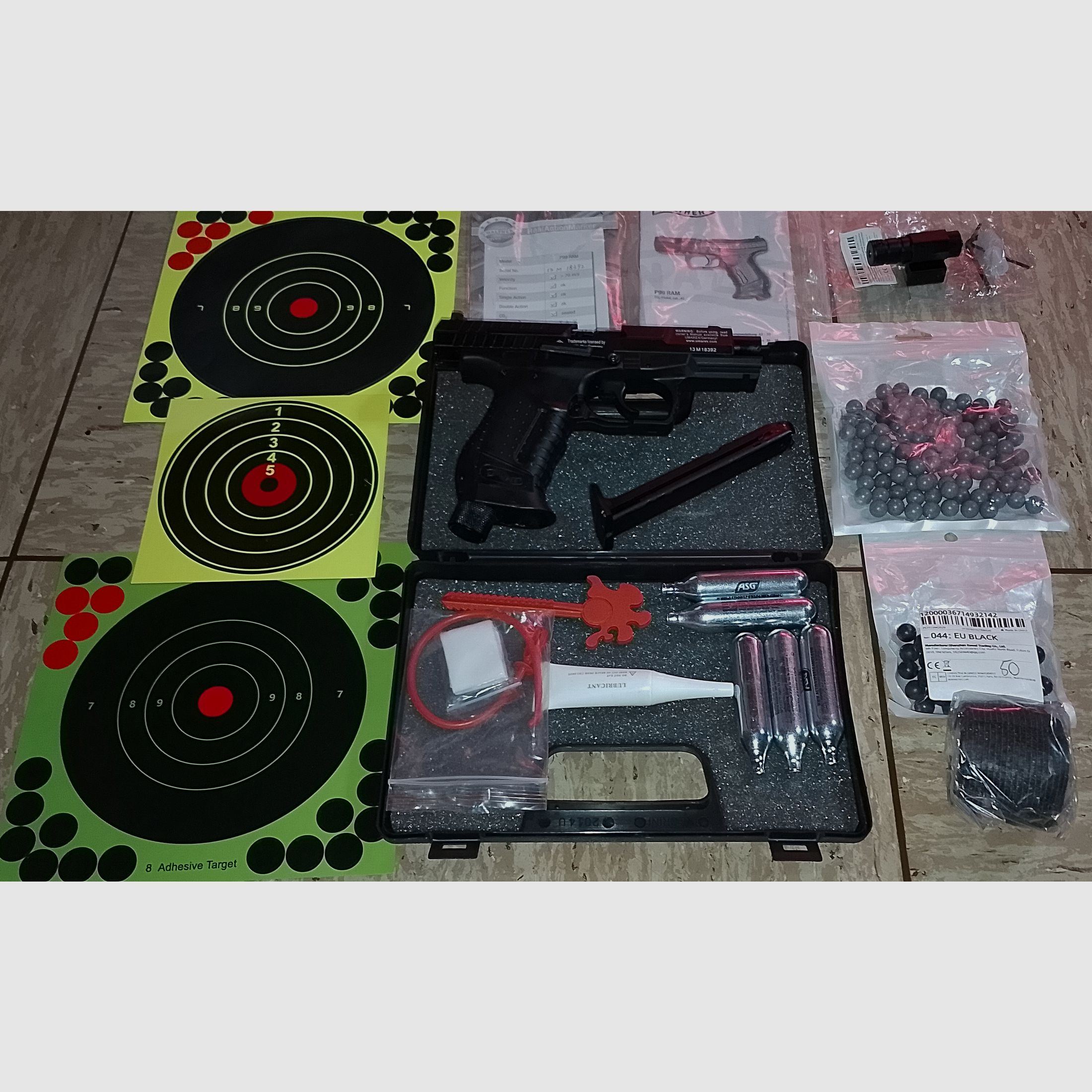 Walther P99 RAM mit Zubehör Laser Koffer Zielscheiben  Rubberballs Polyballs Set 