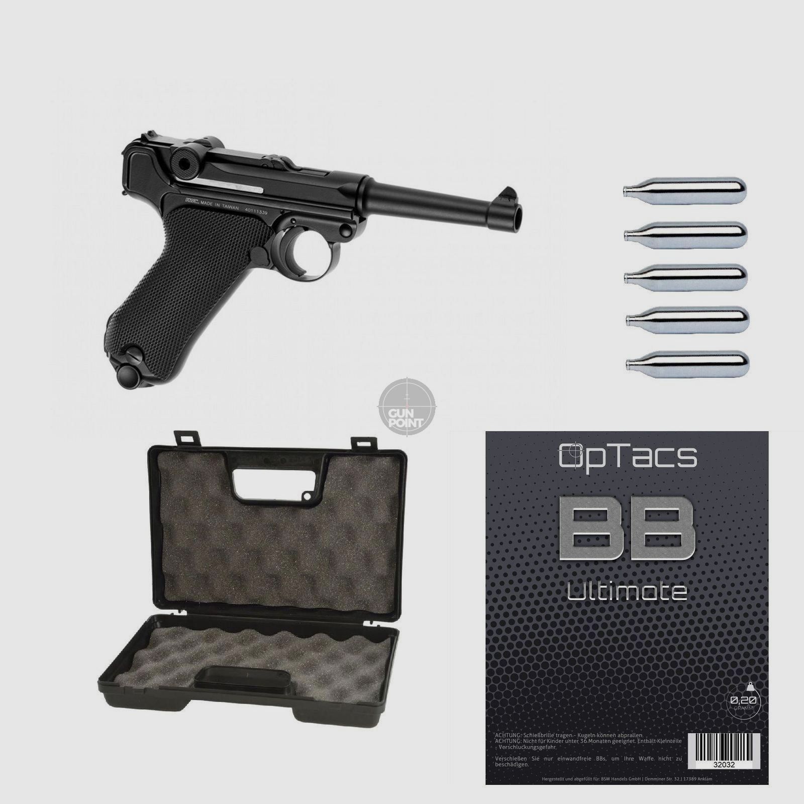 SET !!! Softair - Pistole - KWC - P08 Full Metal Co2 GBB - ab 18, ber 0,5 Joule