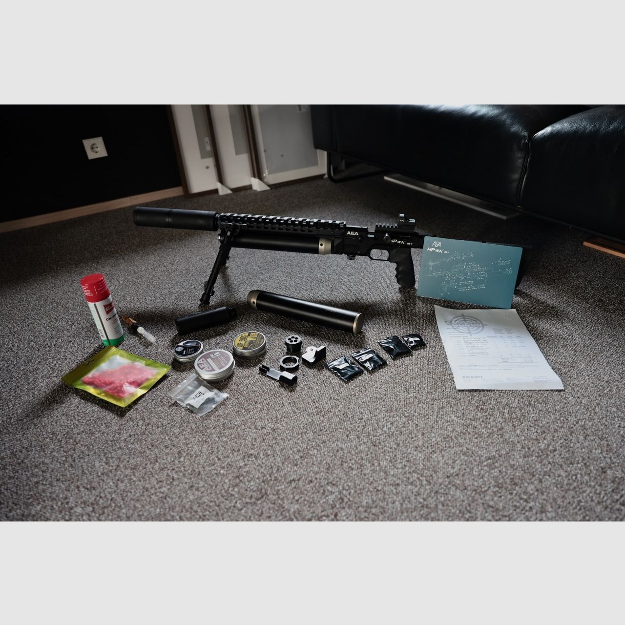 Compleet pakket: AEA HP MAX MK2 + Tanks, Bipod, Geluidsdemper & Munitie (alles ongebruikt)