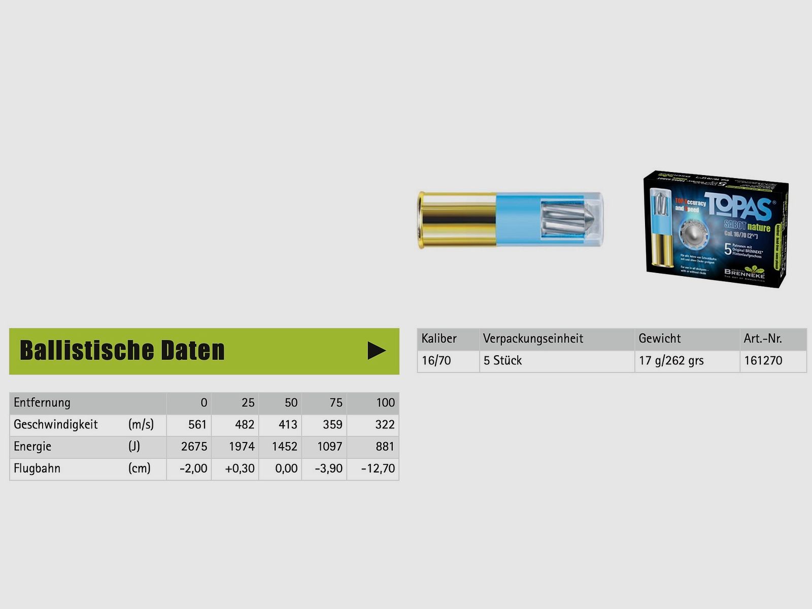 Brenneke 16/70 Topas Sabot Nature 17g/262grs. Bleifrei Flintenlaufgeschoss