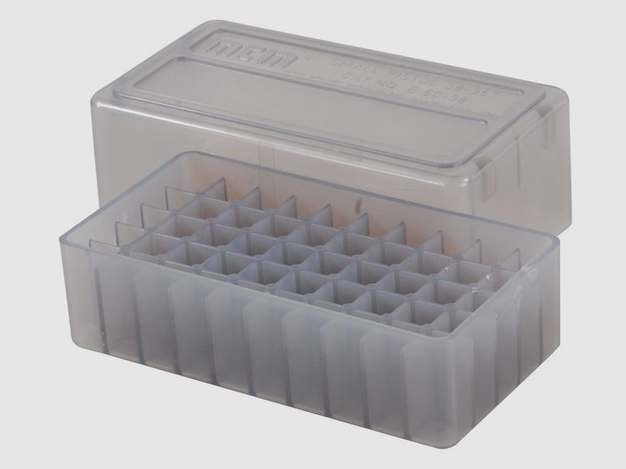 Caja de cartuchos MTM E50-38-41 clara con tapa para 50 cartuchos .38 Spec. y otros.
