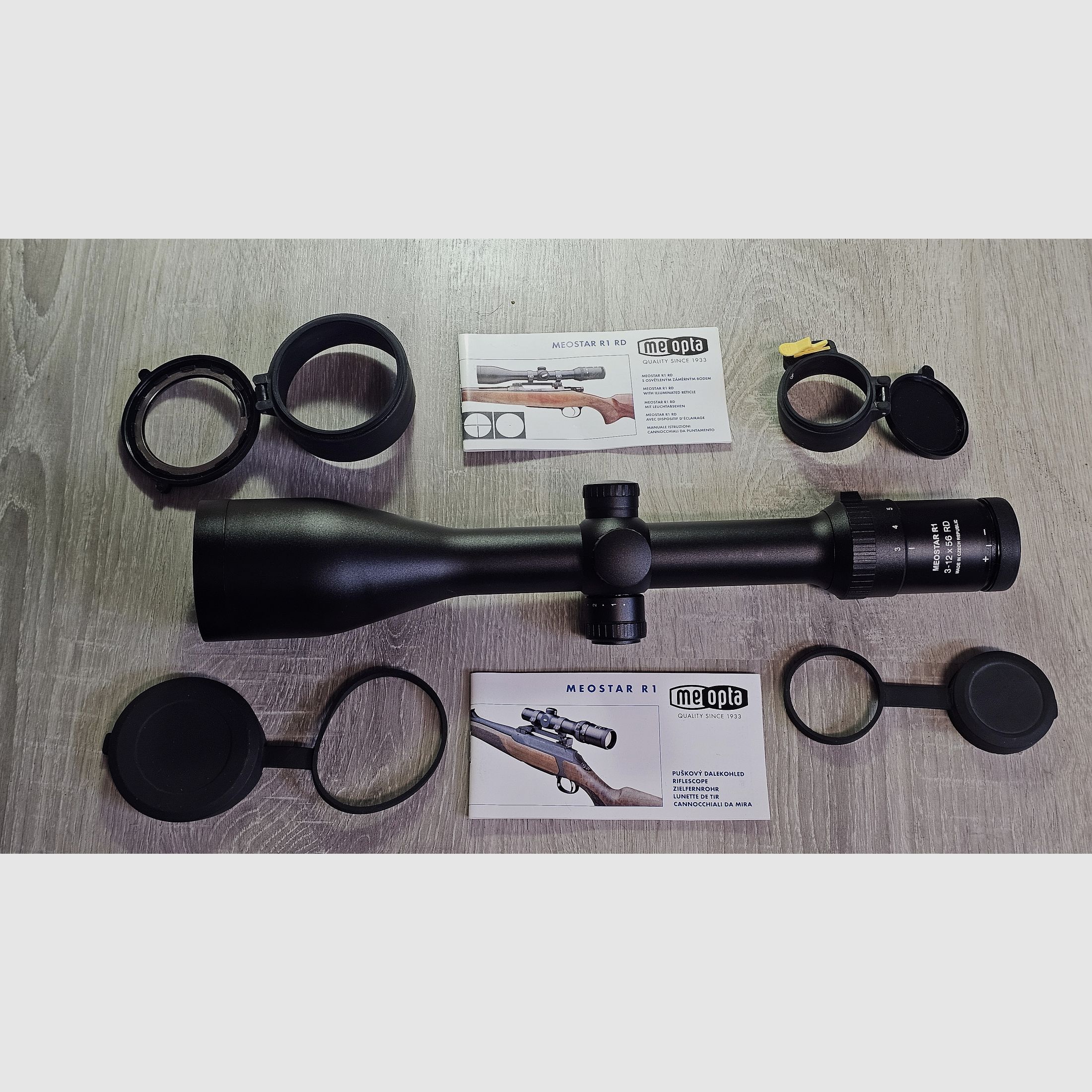 Scope Meopta MeoStar R1 3-12x56 RD (Red dot, reticle 4C) including original Blaser saddle mount (30 mm rings) and flip-open caps