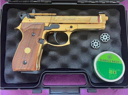 Beretta 92 FS CO2-Pistole – Exklusive Gold-Edition (24K) mit Echtholz Griffen-Rarität aus Sammlung (ungeschossen)