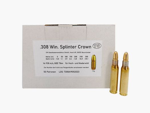 Bullet Manufacture .308Win Splinter Crown 7.8g/120grs Rifle Cartridges Lead-Free
