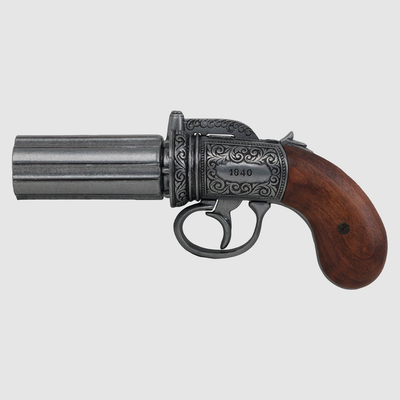 Deko Vorderlader BĂĽndelrevolver Pepperbox England 1840 6-lĂ¤ufig LĂ¤nge ca. 22,5 cm silbergrau verziert