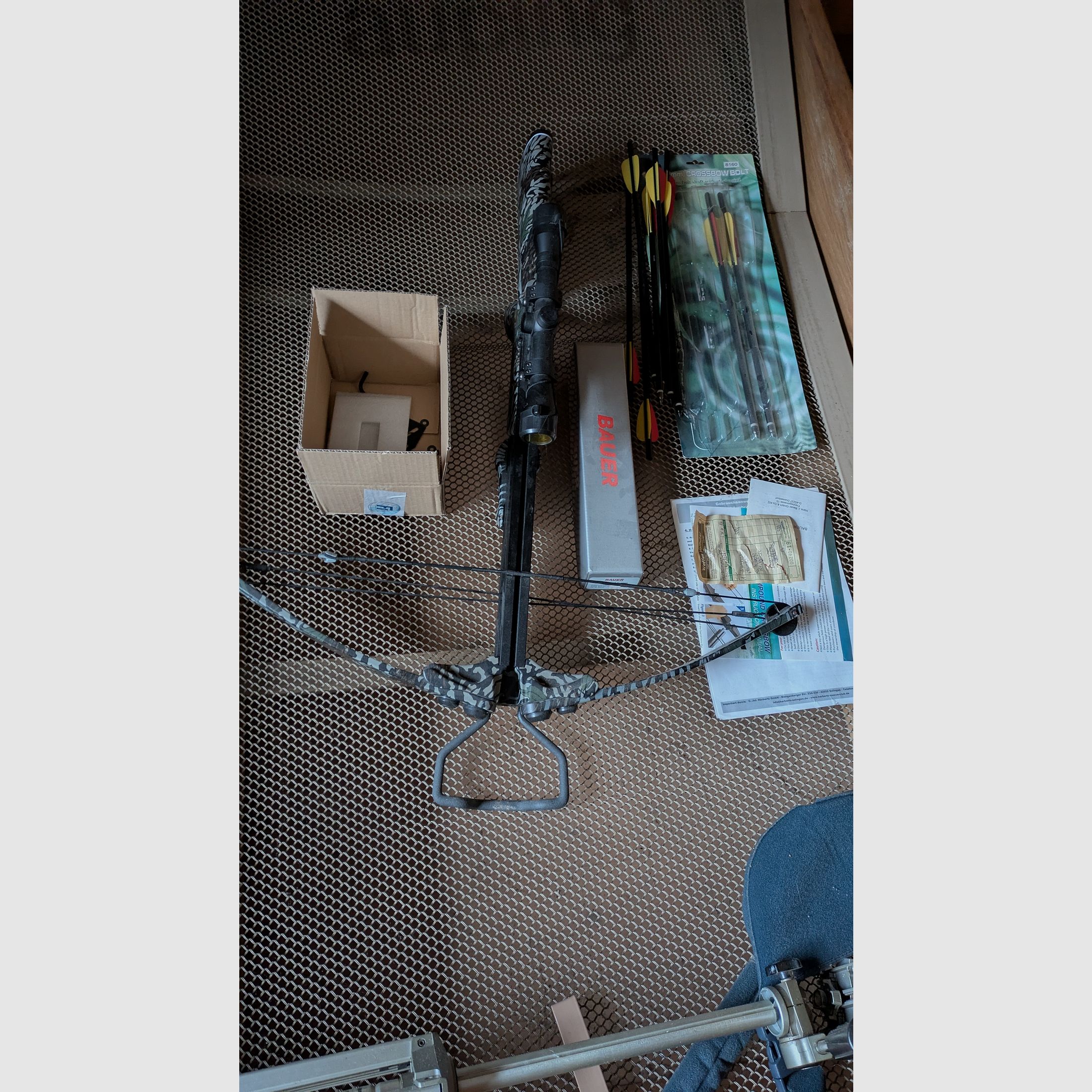 Crossbow with scope, arrows, and target. No shipping.