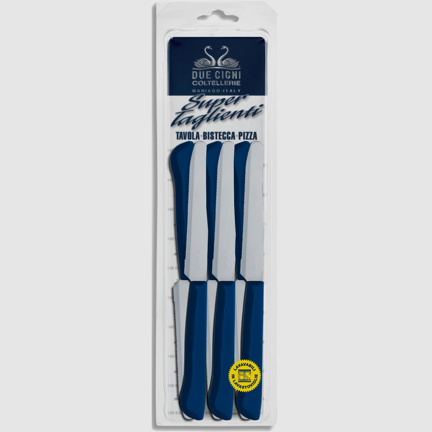 Due Cigni - Blister 6 coltelli eleganti da tavola seghettati con manico blu