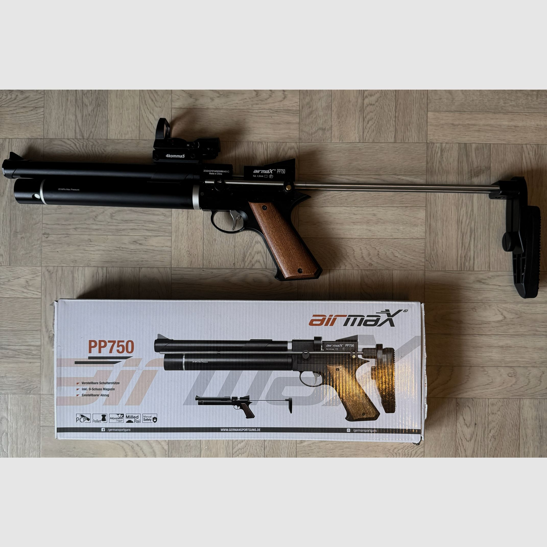 AirmaX PP750 LP air pistol caliber 4.5 mm incl. red/green dot sight and air pump