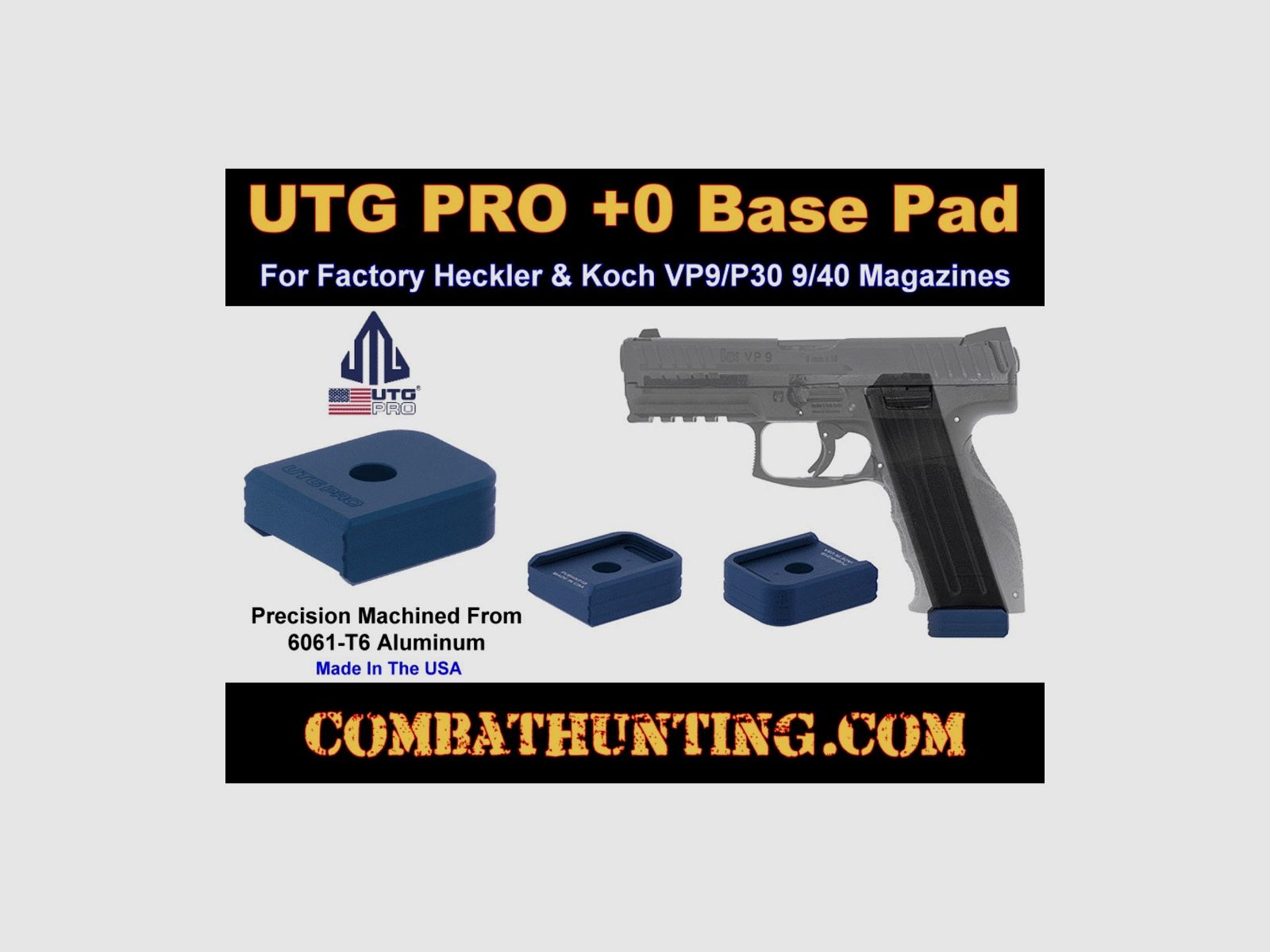 UTG PRO +0 Base Pad, HK VP9/P30 9/40, Matte Blue Aluminum