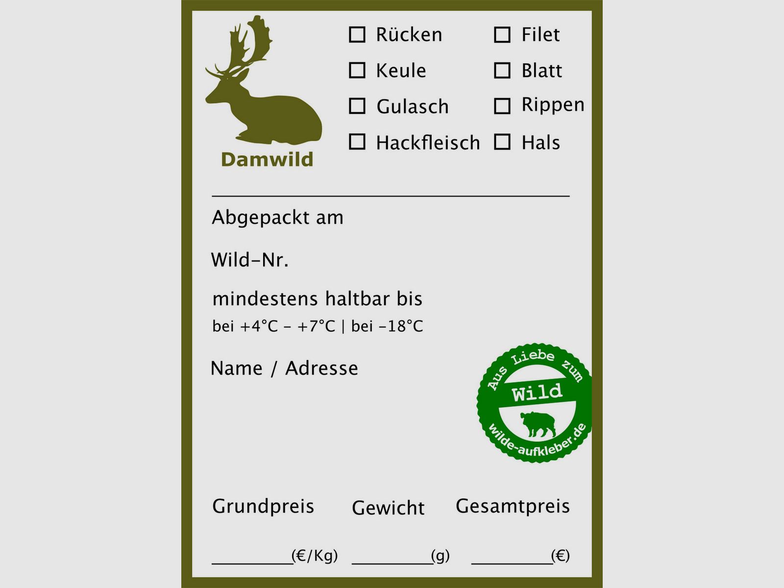 Wildbret-Gefrieretiketten Wilde Aufkleber
