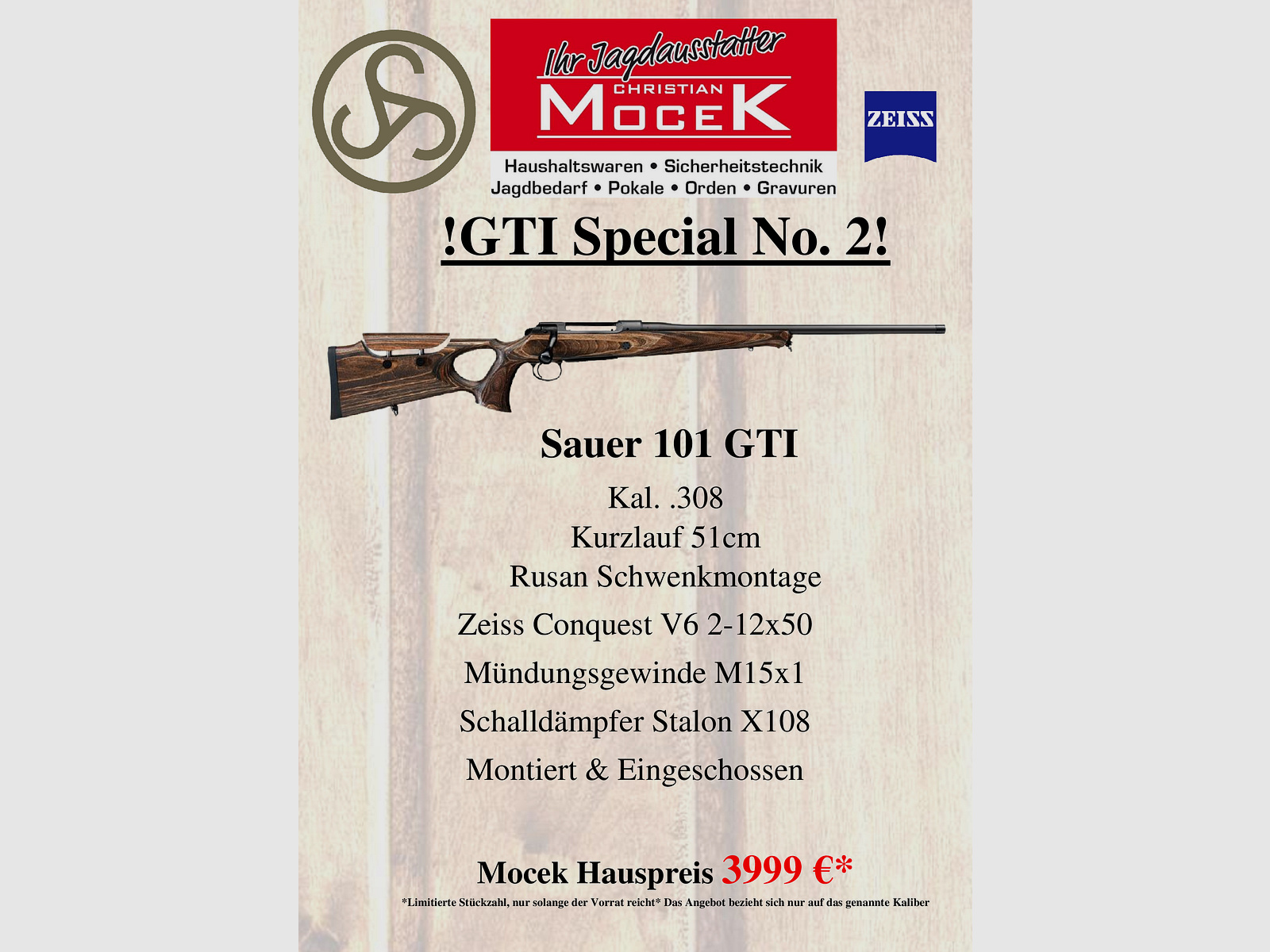 Sauer 101 GTI, mit Zeiss Conquest V6 2-12x50 M, mit Schiene