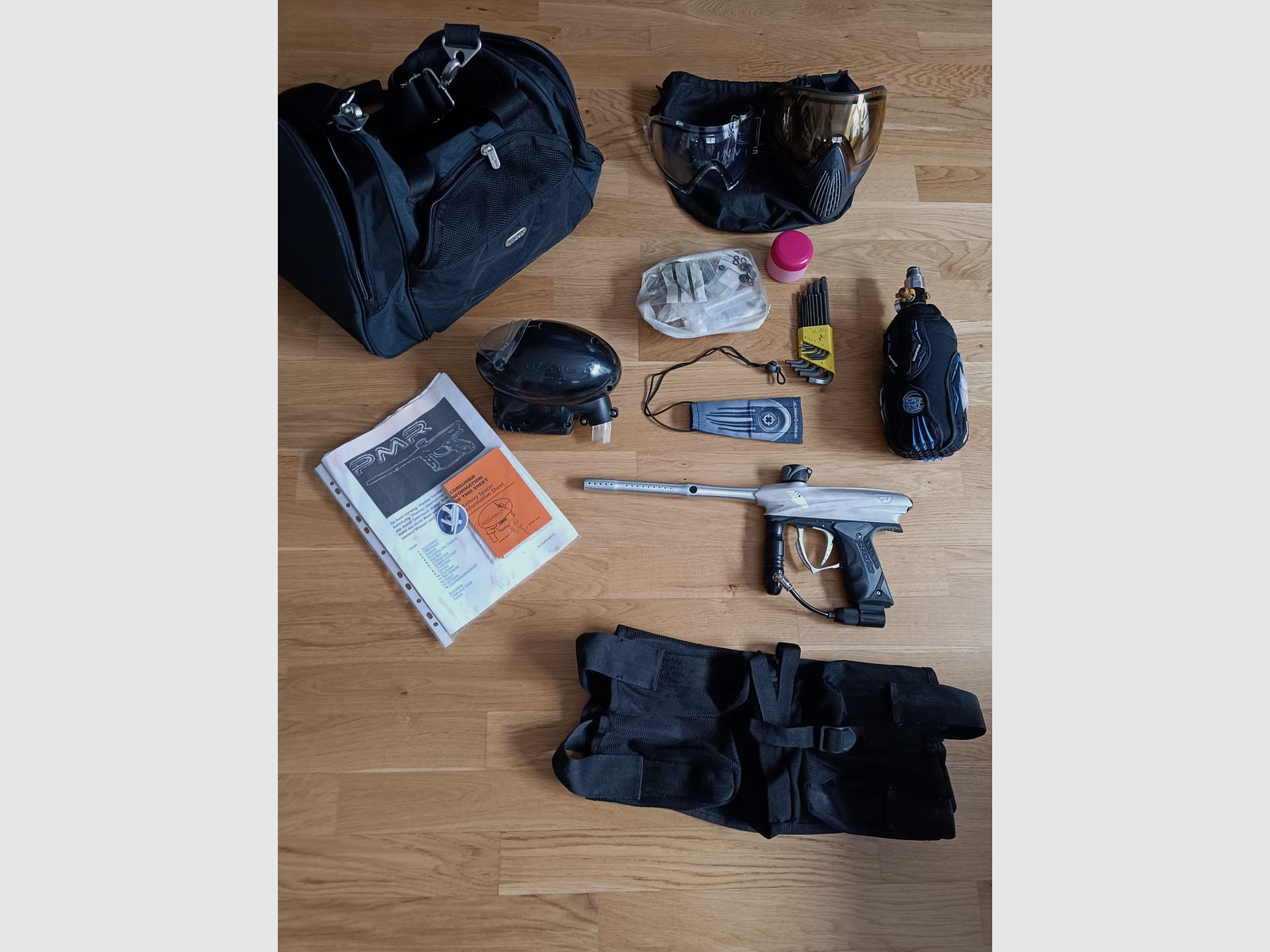 Proto PMR 7, paintball marker with various equipment