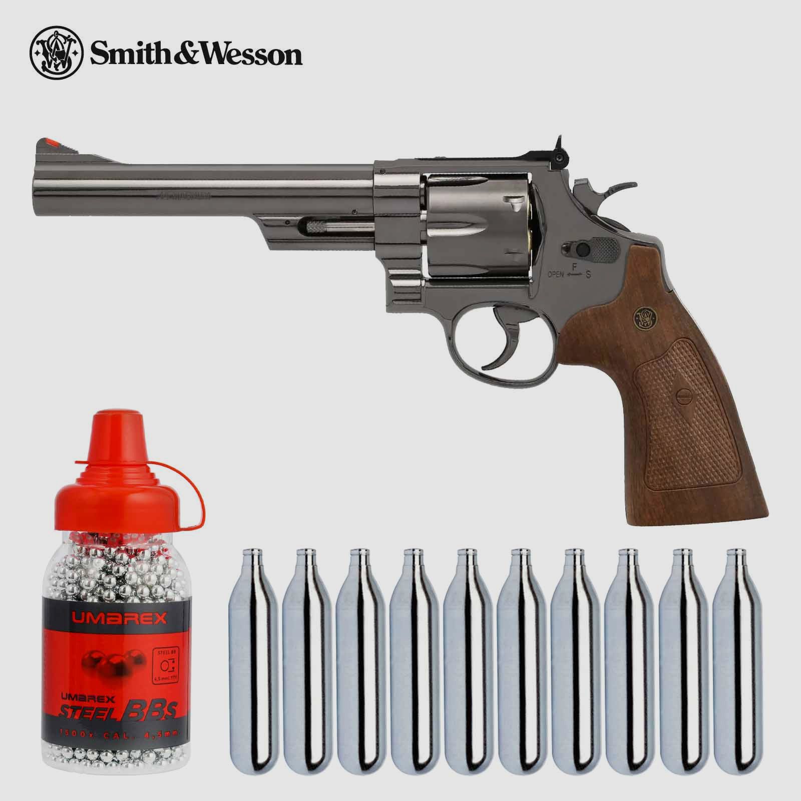 Luftpistolenset Smith & Wesson M29 6,5 Zoll Hochglanzbrüniert Co2-Revolver Kaliber 4,5 mm BB (P18)