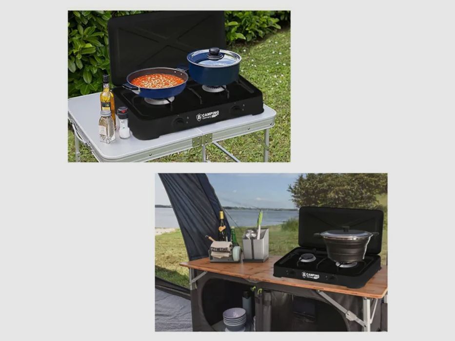 Gaskocher 2-flammig (DUO) mit Anschluss-Schlauch und Druckminderer