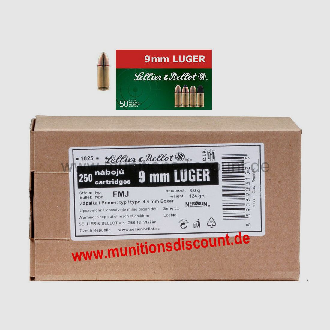 S&B (Sellier & Bellot) 9mm Luger (Para, 9x19), 124 grs Full Metal Jacket, 250 pcs